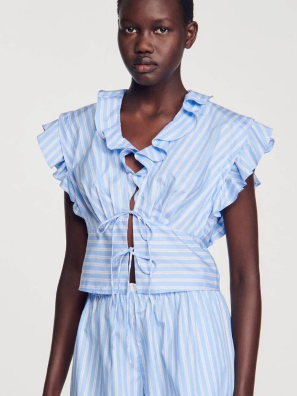 Sandro Striped Ruffle Cropped Top Blouse